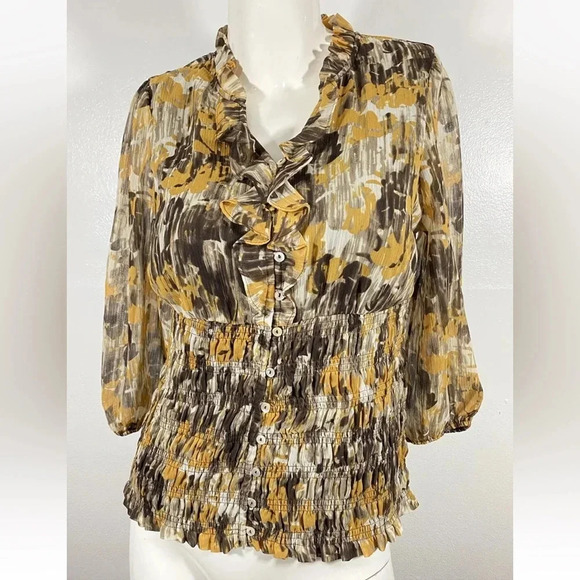 Cato 3/4 Sleeve button down ruffle front top shirt blouse lined lace Sz M - Picture 1 of 7
